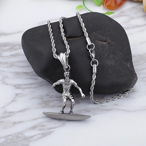 Silver surfer pendant with twist chain on black stone, punk style stainless steel jewelry