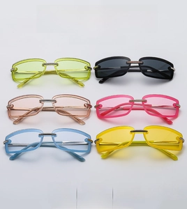 Collection of colorful Y2K rectangle sunglasses with metal bridge in a grid layout