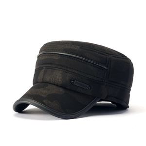 Winter thick flat top military cap in dark camo fabric with leather brim and side logo