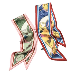Elegant skinny silk scarves with vintage chain patterns in green pink and yellow blue tones