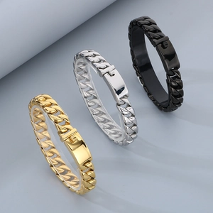 Three-color 12mm stainless steel Cuban link bracelets with polished finish and snap clasp
