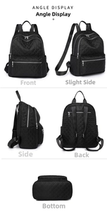Vistas multiángulo de la mochila acolchada negra con compartimentos y detalles