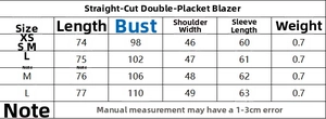 Detailed size chart for the double-breasted blazer including length, bust, and sleeves