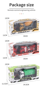 Detailed size and packaging specs for remote control fire, mixer, and recycling trucks