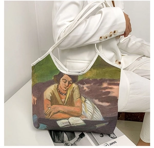 Artistic oil painting tote bag featuring a vintage woman reading portrait design