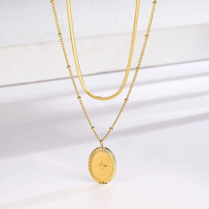 Women Titanium Steel Double Layer Necklace Gold Starburst Oval Pendant Snake Beaded Chain Retro Minimalist Fashion Jewelry