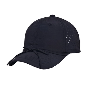 Detail of black quick-dry baseball cap featuring a bow and laser-cut ventilation holes