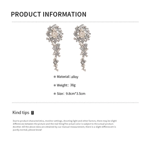 Detail card of 9.8cm teardrop tassel earrings showing alloy material and 38g weight info