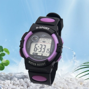 Waterproof digital sports watch for kids in black and purple with splash background