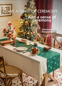 Detail view of dark green Christmas tree runner with cream lace tablecloth decor