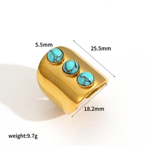 Detailed dimensions of wide gold ring featuring three turquoise stones and 25.5mm width