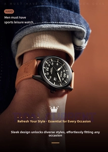 Close-up of OLEVS quartz watch featuring black steel case and brown leather strap