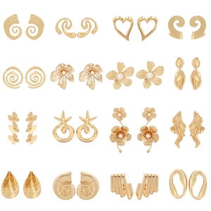 Vintage Metal Geometric Stud Earrings Retro Gold Color Floral Hollow Heart Faux Artificial Pearl Drop Earrings For Women
