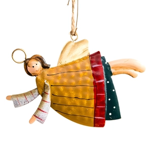 Retro iron angel ornament with colorful hand-painted finish and gold wings on white background