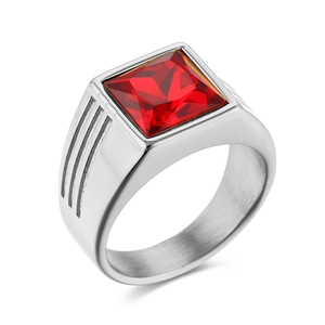 Minimalist stainless steel ring for men featuring a square cut red gemstone inlay