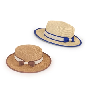 Women's boater straw hats with contrast bow ribbon for beach sun protection