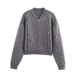 Women Grey Artificial Pearl Beaded Knitted Zip Up Jacket Short Cardigan Outerwear Casual Loose Fit Long Sleeve Streetwear