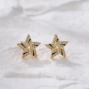 Elegant 18K gold-plated star earrings with black enamel and zircon stones for women