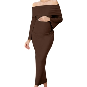 Detail of slim-fit off-shoulder maternity knit dress in dark brown with stretch fabric