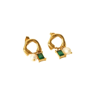French style 18k gold stainless steel earrings with white pearls and green gemstones