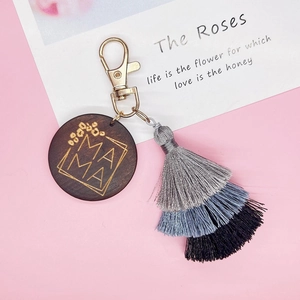 Handmade MAMA wooden round keychain with stylish layered gradient tassels for Mother's Day