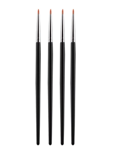 Detailed view of 4 professional fine liner makeup brushes with sleek black handles