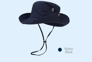 Detail of navy blue sun hat with adjustable chin strap and breathable side vents