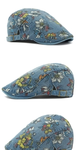 Detailed views of floral denim flat cap featuring adjustable metal buckle side strap
