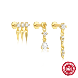Ensemble de trois boucles d'oreilles en argent S925 doré avec pendentifs couronne et gouttes