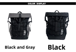 Detail view of large roll-top basketball backpack in black and black-grey color options