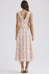 Detail of pink floral midi dress featuring a slim fit V-back design and elegant pleated hem