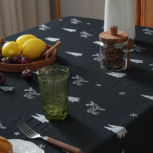 Black Christmas tablecloth with white reindeer and forest tree embroidery for home decor