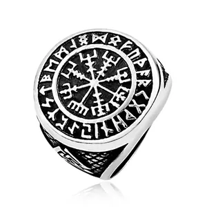 Viking Compass Ring 316L Stainless Steel Retro Nordic Valknut Rune Signet Band Nordic Punk Style Jewelry For Men