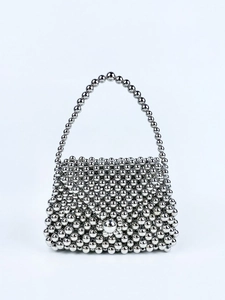 Hand-Woven Beaded Mini Handbag Silver Metallic Acrylic Beads Retro Elegant Small Square Evening Party Bag For Women