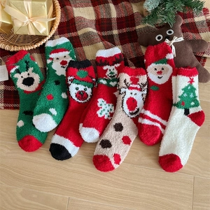 Christmas Socks Women Thickened Coral Velvet Warm Floor Sleep Socks Cartoon Santa Reindeer Winter Fuzzy Mid-Calf Socks