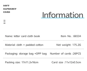 Detailed specifications for 26-piece soft alphabet cloth book cards with storage bag