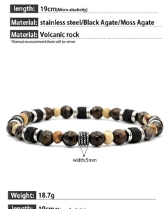 Detail of 19cm beaded bracelet with moss agate, black onyx, and lava rock beads