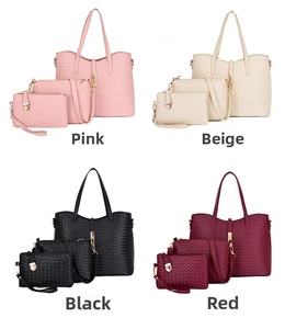 Ensemble de sacs à main 3 pièces pour femmes en cuir tressé rose, beige, noir et rouge