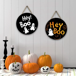 Halloween wooden door signs with Hey Boo ghosts, pumpkins and candles decoration