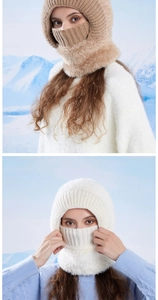 Detail of knitted winter balaclava hood with thick faux fur trim in khaki and white