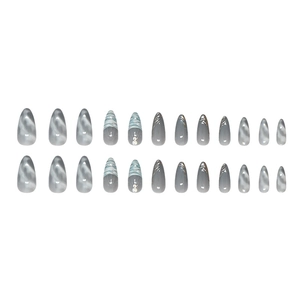 Blue marble and cat-eye French almond press-on nails set with 24 pieces for women