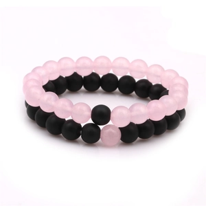 8mm rose quartz and matte black stone beaded bracelet set for women with contrast beads