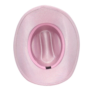 Detail view of the interior pink sweatband and fabric texture of a western cowboy hat