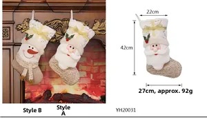 Detail view of 3D Santa and Snowman Christmas stockings with dimensions and fireplace decor