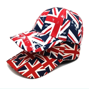 Detail of two Union Jack print baseball caps featuring vintage and classic flag styles