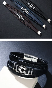 Detailed close-up of multilayer leather bracelets with metal soccer ball charms in three colors