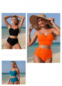 Detail view of high-waisted split swimwear set in black, orange, and blue colors