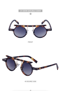 Detail view of demi frame round sunglasses with double bridge and gradient lenses