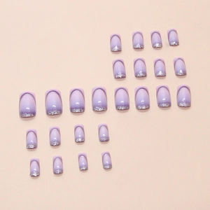 French gradient purple press-on nails with silver glitter tips, 24-piece square set