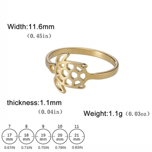 Detailed size chart for golden stainless steel turtle ring with width and weight specs